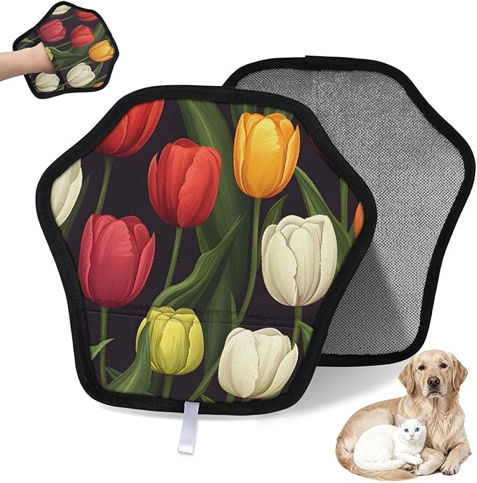 Flower Tulip Theme Electrostatic Pet Hair Removal Glove for Cats & Dogs - Reusable Grooming Mitt for Couch, Carpet, Car Seat & Laundry - Large 9x9 Inch
