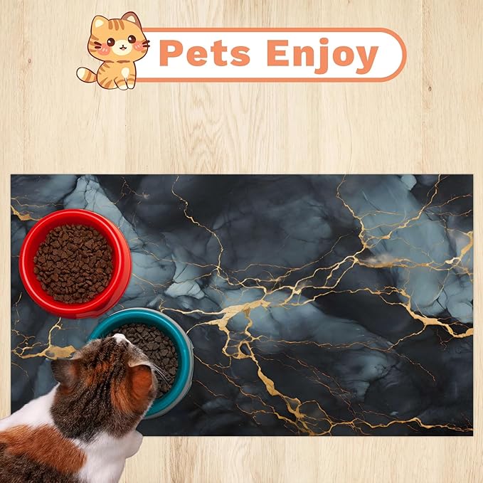 Black Marble Dog Food Mat for Floors Absorbent, Quick Dry Water Dispenser Mat for Food, Water, Pet Supplies 24" x 32", Abstract