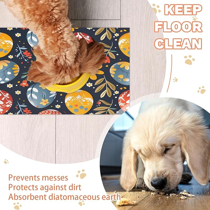 Spring Easter Dog Food Mat for Floors Absorbent Dog Bowl Mat for Food and Water Dispenser Quick Dry Cat Food Placemat Pet Supplies 17" x 30", Floral Leaves