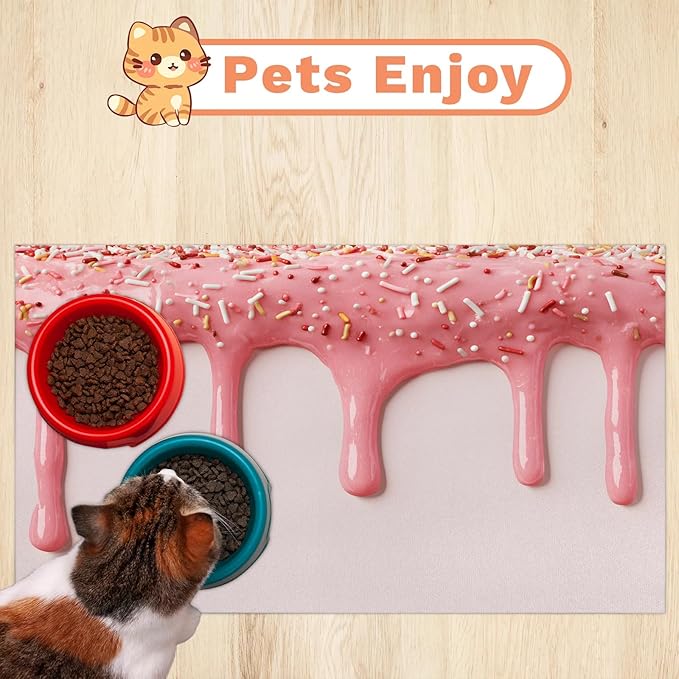 Ice Cream Dog Food Mat for Floors Absorbent Dog Bowl Mat for Food and Water Dispenser Quick Dry Cat Food Placemat Pet Supplies 16" x 24", Pink Ice Cream