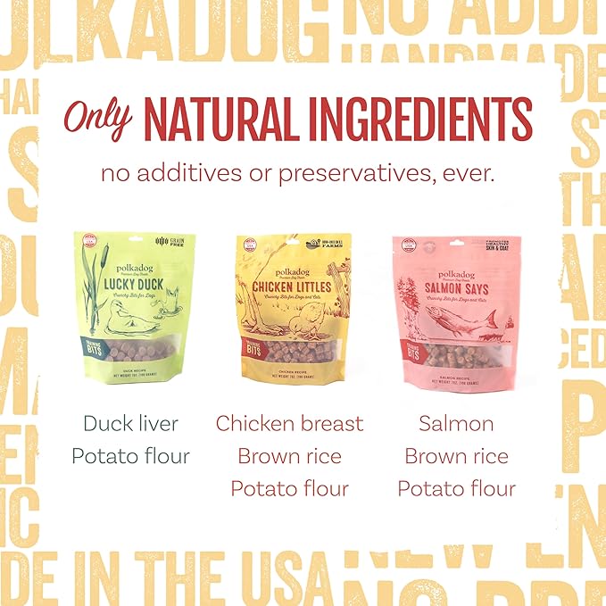 Polkadog Crunchy Training Bits Variety 3 Pack - Chicken Littles, Lucky Duck, Salmon Says, All Natural, Limited Ingredient, Training Treats for Dogs, Great for Allergies, Handcrafted in USA - 7oz (3pk)