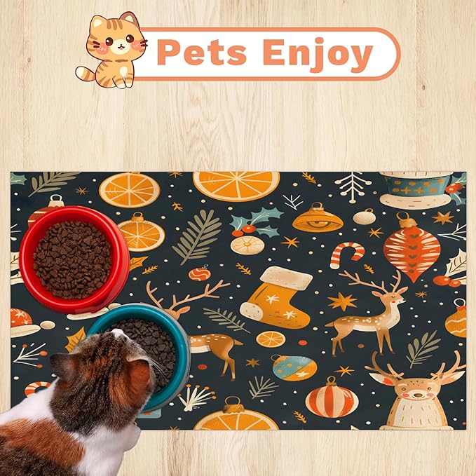 Christmas Deer Dog Food Mat for Floors Absorbent, Quick Dry Water Dispenser Mat for Food, Water, Pet Supplies 16" x 24", Orange Socks Ball