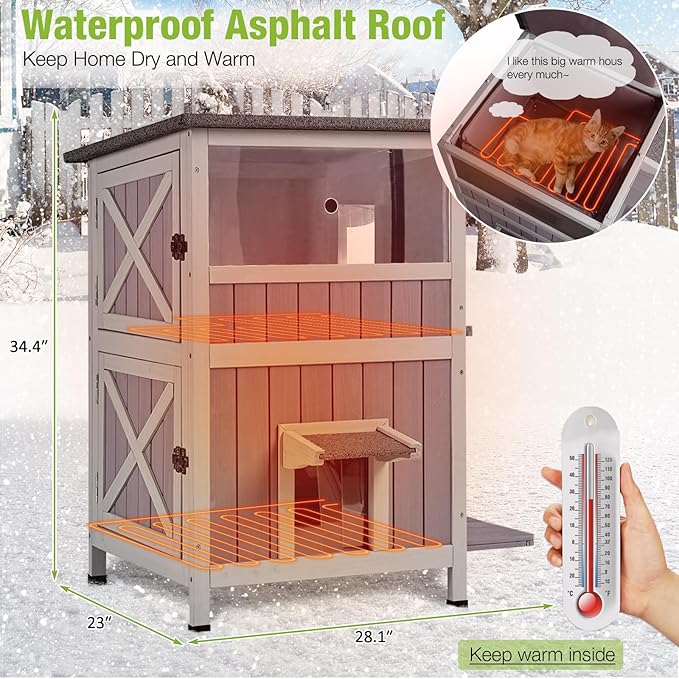 GUTINNEEN Heated Cat House for Outdoor Cats Kitty Shelter with Insulated Liner Keep Warm in Winter Indoor Cat Cage with Waterproof Roof,Heated Pad Include