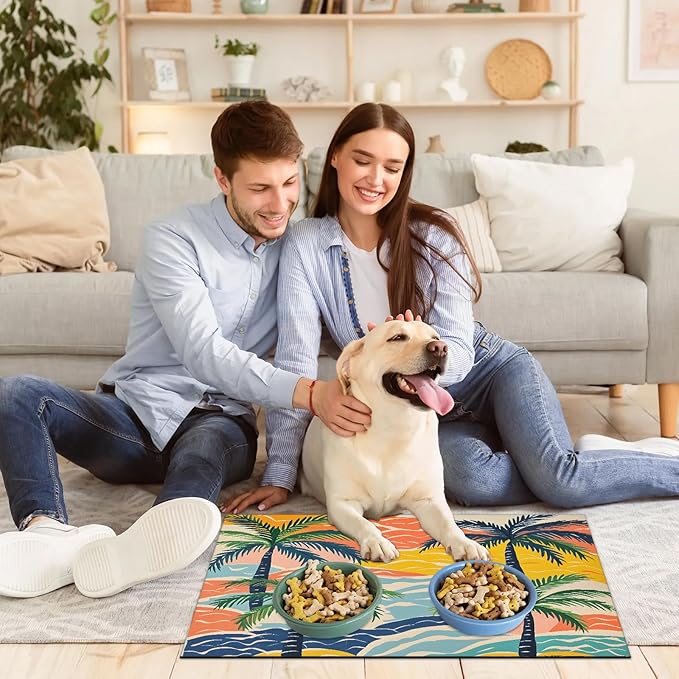 Palm Tree Dog Food Mat for Floors Absorbent, Quick Dry Water Dispenser Mat for Food, Water, Pet Supplies 16" x 24", Ocean