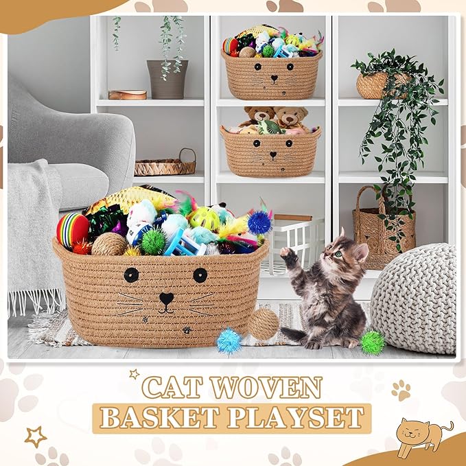 Zopeal 58 Pcs Easter Cat Storage Basket Gift Toys Set, Colorful Flashing Balls Pet Bell Crinkle Balls Spring Toys Attract Cat to Swat, Hunt, Interactive for Pet(Khaki,9.8 Inch)
