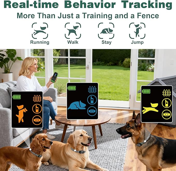 4-in-1 Wireless Dog Fence System Electric Dog Fence with Training Collar & Anti-Bark Collar | Real-Time Pet Status Display | Portable Waterproof Outdoor Pet Containment System