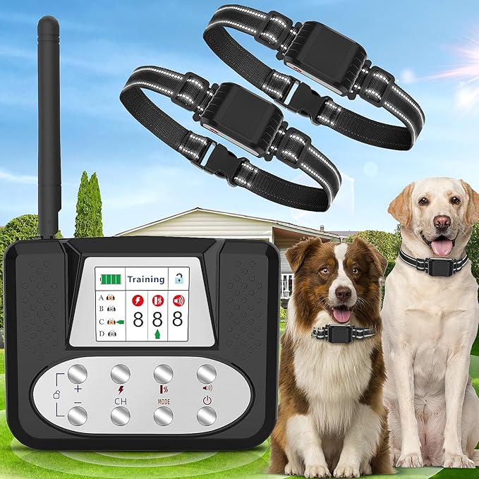 Wireless Dog Fence System for 2 Dogs, Electric Dog Fence with LCD Screen, Adjustable Warning Strength, Range 50-999ft, Rechargeable Wireless Pet Fence for Outdoor Use