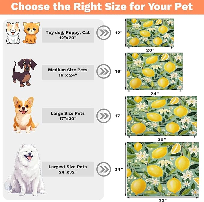 Lemon Dog Food Mat for Floors Absorbent Dog Bowl Mat for Food and Water Dispenser Quick Dry Cat Food Placemat Pet Supplies 12" x 20", Green Leaves Plant
