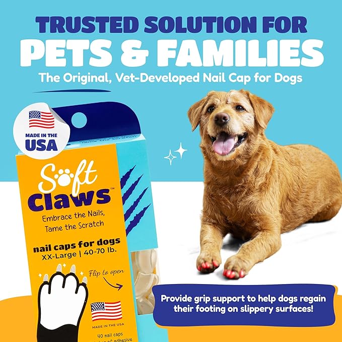 Soft Claws Dog Nail Caps, 40 XX-Large Nail Caps, Made in USA - Vet Developed, Safe & Non-Toxic Easy to Apply Claw Covers | Protects Furniture & Skin, Clear