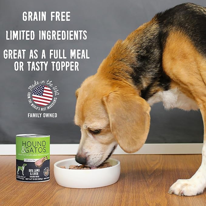 Hound & Gatos Wet Dog Food, 98% Lamb & Liver, case of 12, 13 oz cans