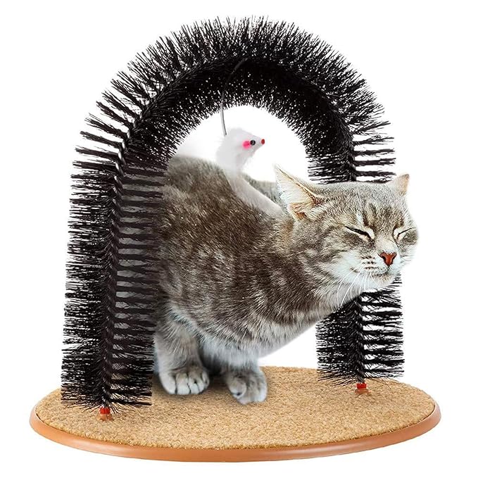 Cat Brush Arch Massager, Self Groomer with Scratch Pad Hanging Plush Mice Comb Scratcher Non-slip Kitten Back Massager for Pets