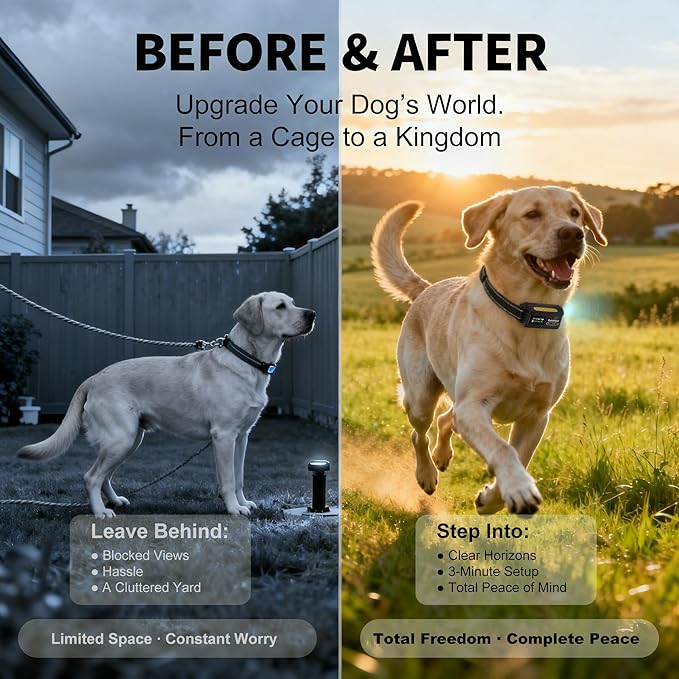 GPS Dog Fence for Dogs That Run-Wireless Invisible Fence with GPS+GLONASS+Galileo, Waterproof Pet Containment System, 48H Battery, Adjustable Range 65-3280 ft for Camping & No-Yard Use (Over 15 lbs)