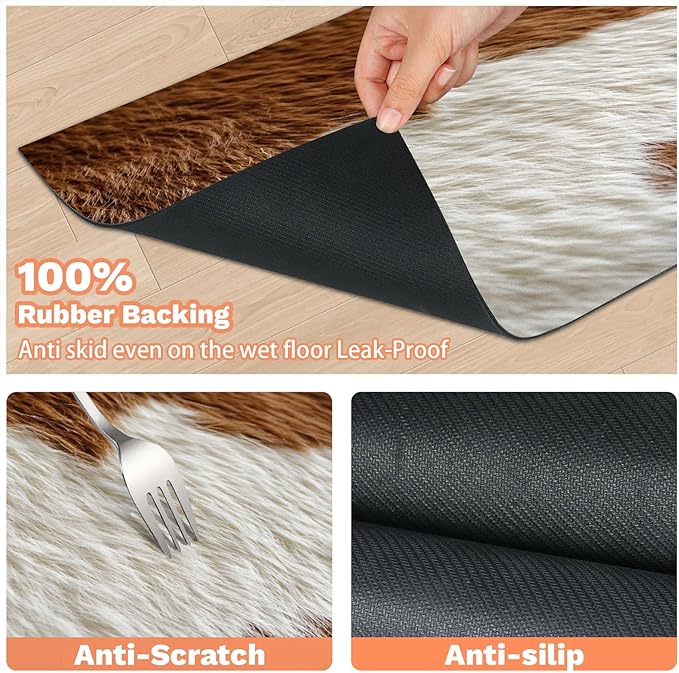 Cow Print Dog Food Mat for Floors Absorbent Dog Bowl Mat for Food and Water Dispenser Quick Dry Cat Food Placemat Pet Supplies 24" x 32", Brown White Fur