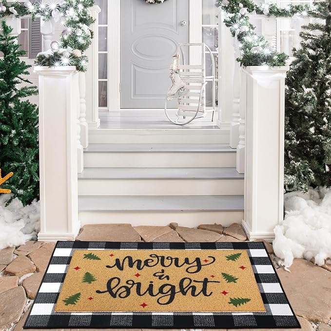 Tinideya 2 Pcs Christmas Welcome Door Mat Merry Bright Outdoor Welcome Mats for Front Door Non Slip Xmas Tree Coir Floor Mat Black White Check Christmas Rug for Outside Front Porch Entryway Decor