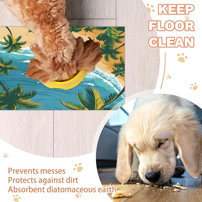 Blue Beach Dog Food Mat for Floors Absorbent, Quick Dry Water Dispenser Mat for Food, Water, Pet Supplies 24" x 32", Tropical Palm Tree