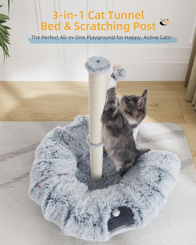 3-in-1 Cat Toys, 34'' Tall Cat Scratching Post with Donut Tunnel, Fluffy Plush Peekaboo Cave for Indoor Pets Such as Kittens, Puppies, Rabbits, and Ferrets