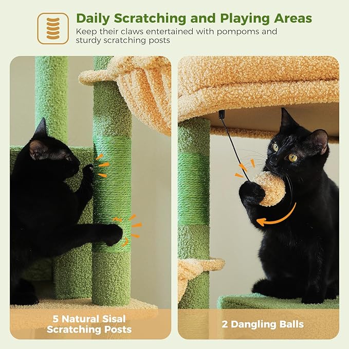 71.2 Inches Cactus Tall Cat Tree for Large Cats, Multi-Level Cat Tower with 2 Cozy Condos, Super Large Top Perch, 3 Hammocks, Sisal Scratching Posts and 2 Pompoms, Green