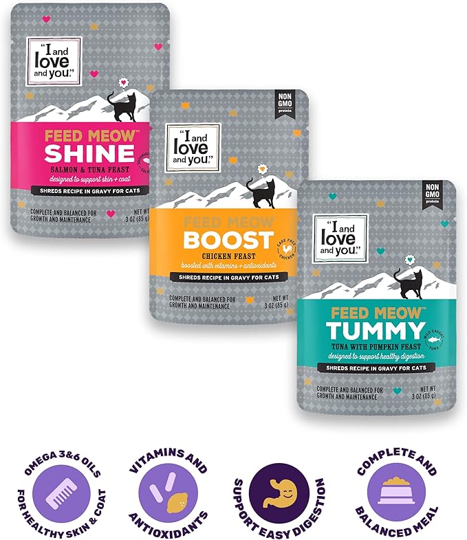 I AND LOVE AND YOU" Feed Meow Wet Cat Food Toppers, Shine Formula with Salmon and Tuna, Omegas 3 and 6 for Healthy Skin and Coat, Grain Free, No Fillers, 3 Oz Pouches, 1 Pouch Trial Size (Pack of 2)