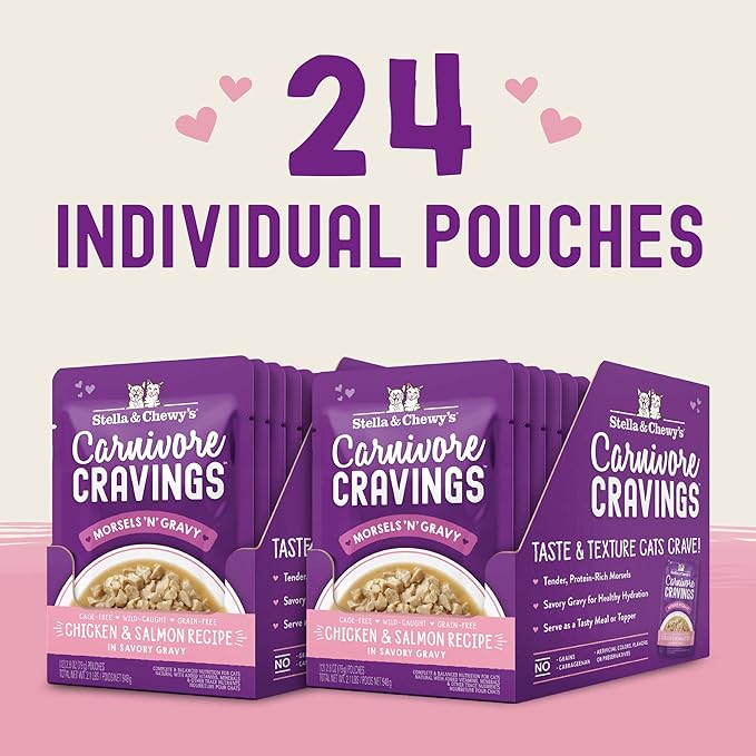 Stella & Chewy's Carnivore Cravings Wet Cat Food Pouches - Premium Chicken & Salmon Recipe - Grain-Free Morsels & Gravy - Perfect for Picky Eaters - Complete Meal or Topper - 2.8oz, 24-Pack
