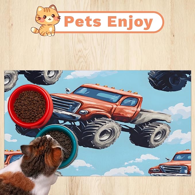 Truck Cars Dog Food Mat for Floors Absorbent, Quick Dry Water Dispenser Mat for Food, Water, Pet Supplies 12" x 20", Cool Vehicle