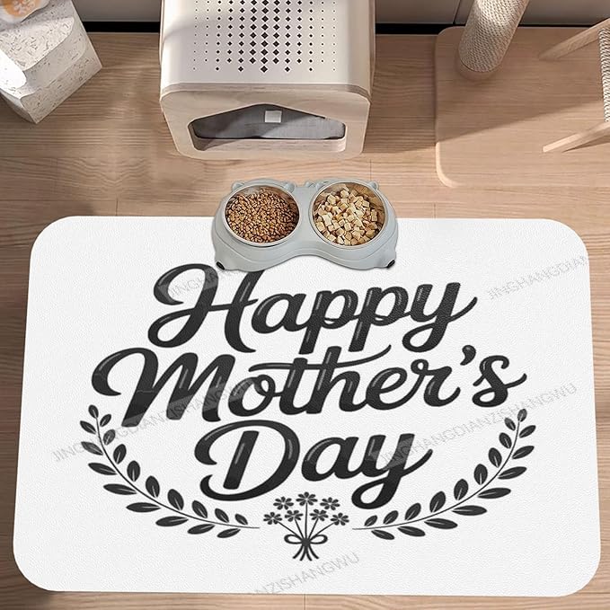 Pet Feeding Mats with Residue Collection Happy Mother's Day Floral Gift for Mom Dy Waterproof Dog Cat Bowl Mat 18X12In with Prevent Water Food Spills