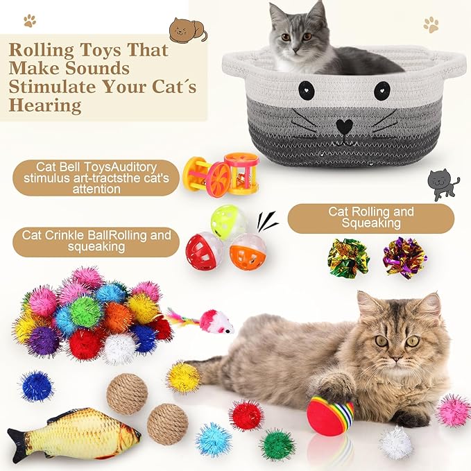 Zopeal 58 Pcs Easter Cat Storage Basket Gift Toys Set, Colorful Flashing Balls Pet Bell Crinkle Balls Spring Toys Attract Cat to Swat, Hunt, Interactive for Pet(Multicolor,9.8 Inch)
