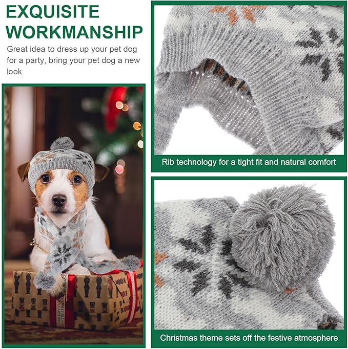 Happyyami Pet Dog Hat and Scarf Set Christmas Knitted Warm Snowflake Pattern Gray Scarf and Cap L Size for Holiday Pet Costume Supplies
