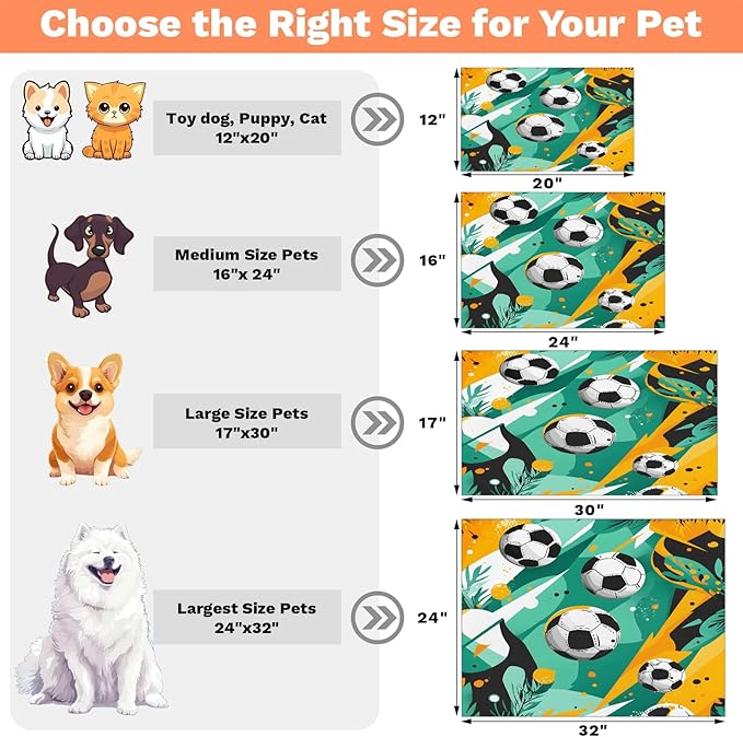 Sports Soccer Dog Food Mat for Floors Absorbent, Quick Dry Water Dispenser Mat for Food, Water, Pet Supplies 16" x 24", Football Theme