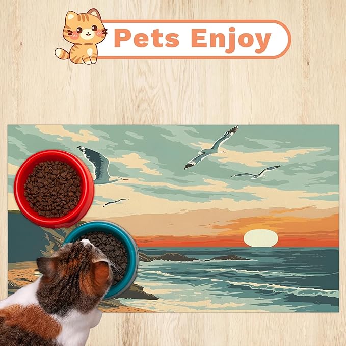 Beach Coastal Dog Food Mat for Floors Absorbent, Quick Dry Water Dispenser Mat for Food, Water, Pet Supplies 16" x 24", Ocean Landscape