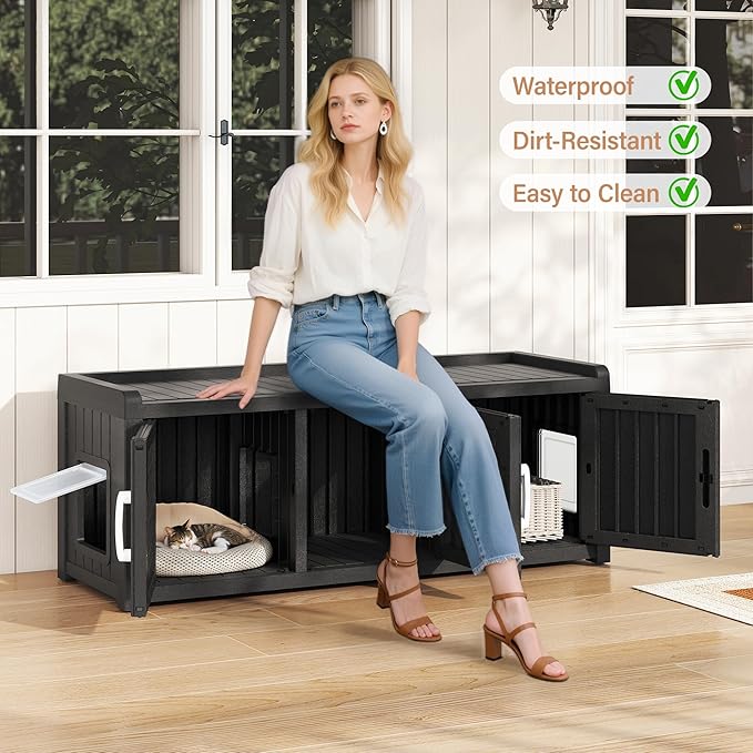 KAMABOKO Hidden Cat Litter Box Enclosure Furniture with 3 Doors & Multiple Windows, Waterproof PP Modern Litter Box Cabinet for Large Cats, Easy-to-Clean Cat Furniture for Living Room