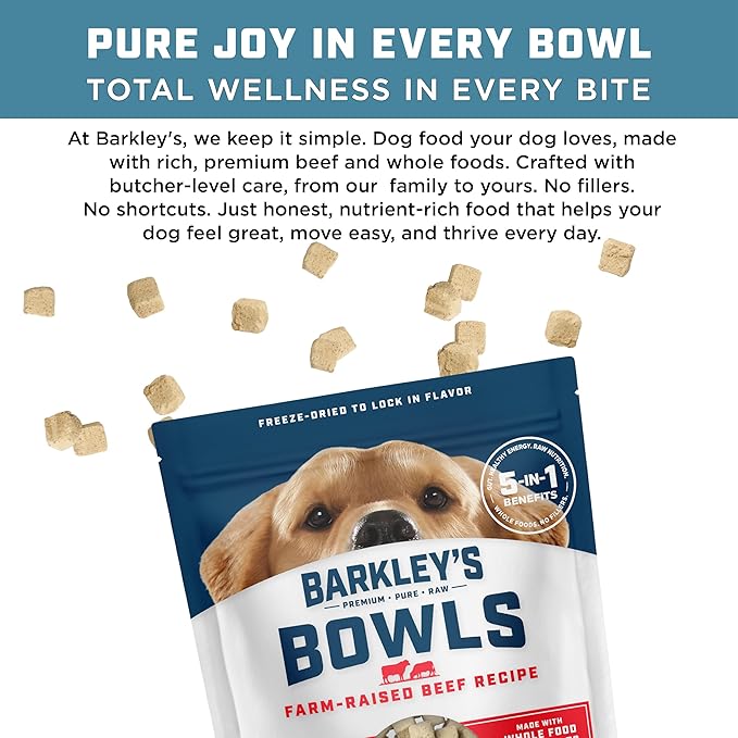 Barkley’s Bowls, Freeze-Dried Raw Beef Dog Food, Fresh Whole Food Ingredients with Farm-Raised Beef, Grain Free, High Protein for Balanced Nutrition, Dog Treats or Topper, 16 Oz Bag