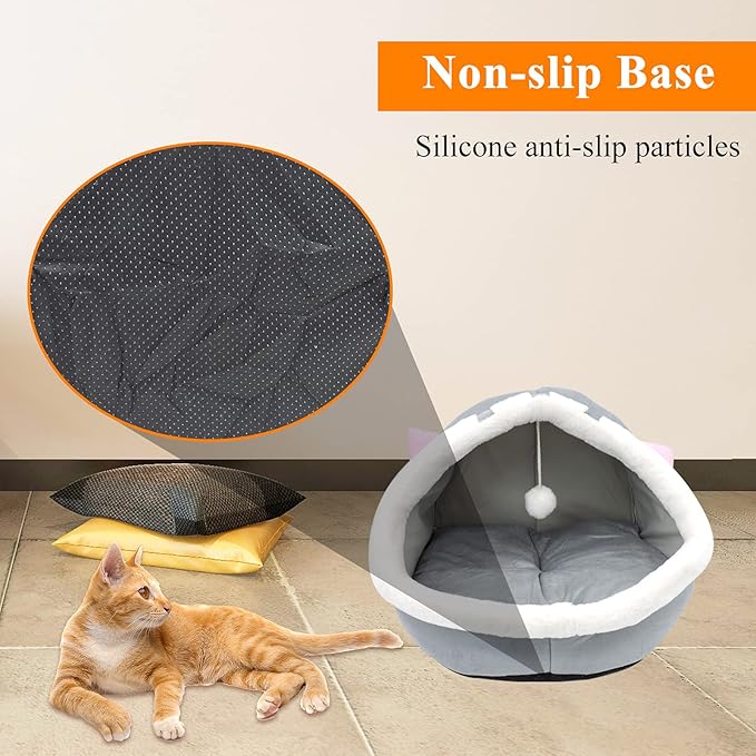 Andiker Cat Beds for Indoor Cats, Semi-Enclosed Cat Cave Bed with a Plush Ball Large Space for Cats to Sleep Soft and Comfortable Covered Cat Bed with a Washable and Detachable Mat (L, Grey)