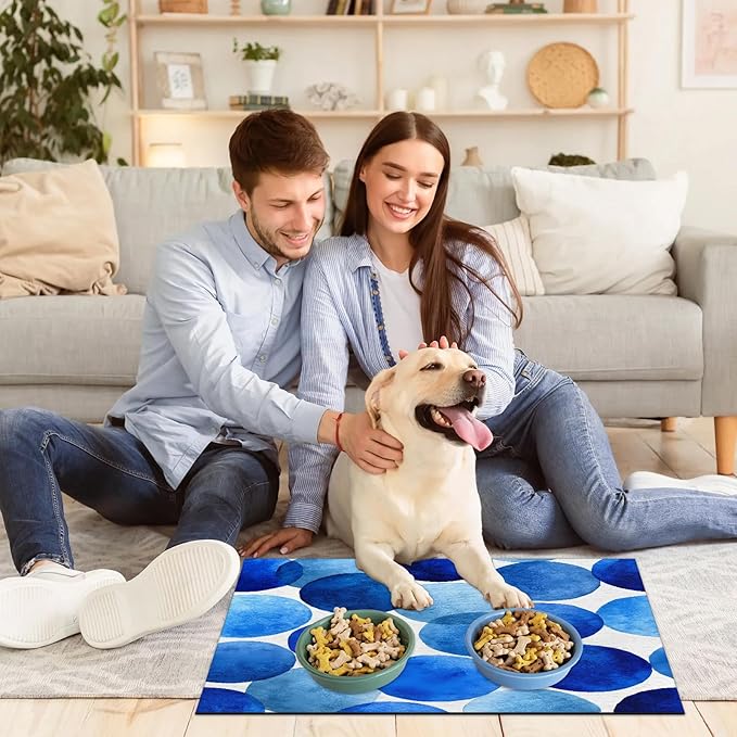 Polka Dot Dog Food Mat for Floors Absorbent Dog Bowl Mat for Food and Water Dispenser Quick Dry Cat Food Placemat Pet Supplies 12" x 20", Blue