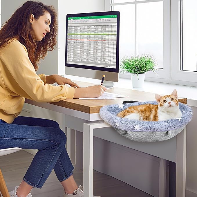 Cat Desk Bed with Clamp, Glow in The Dark Cat Desk Hammock, Desk Perch with Removable Washable Cover, Sturdy Metal Frame, Supports up to 50 Lbs