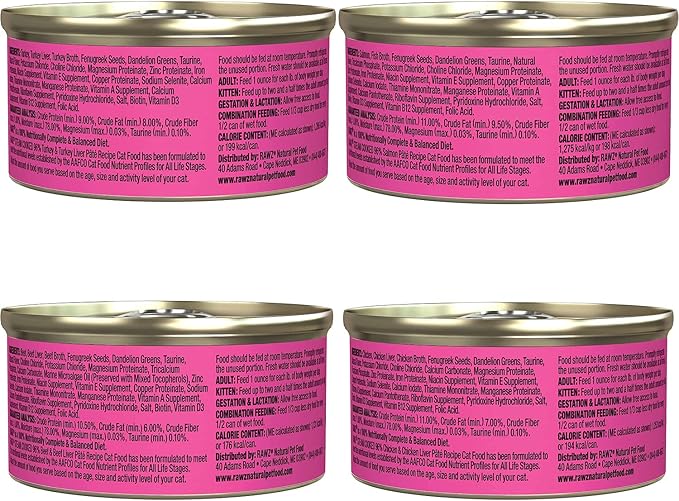 Rawz Natural Premium Pate Canned Cat Wet Food -12 Pack Cans Variety Pack -4 Flavors - (Salmon, Chicken, Turkey, Beef) - (3oz Can Lid)