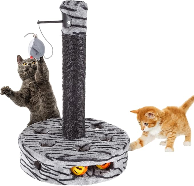 Cat Scratching Post - Interactive Play Area with Sisal Rope Scratcher and Hanging Toy for Indoor Cats - Scratch Tree for Pets by PETMAKER (Black/Gray)