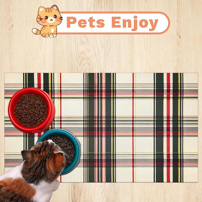 Tartan Plaids Dog Food Mat for Floors Absorbent, Quick Dry Water Dispenser Mat for Food, Water, Pet Supplies 24" x 32", Green White Check