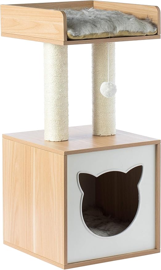 Cat Tree Play House Condo Cube Cave, Platform, Scratcher Post and Ball Toy