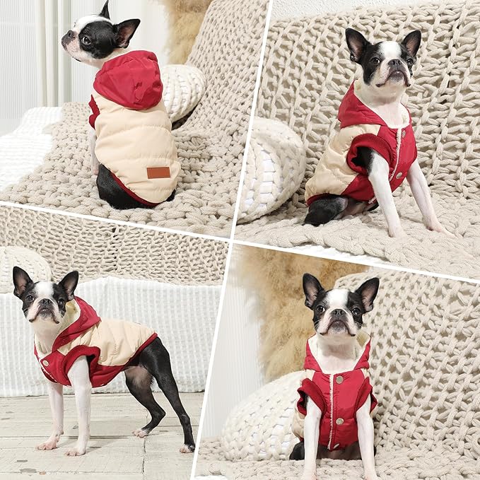 Fleece Lining Extra Warm Dog Hoodie in Winter for Medium Dogs Jacket Pet Coats with Hooded,Beige and Red L