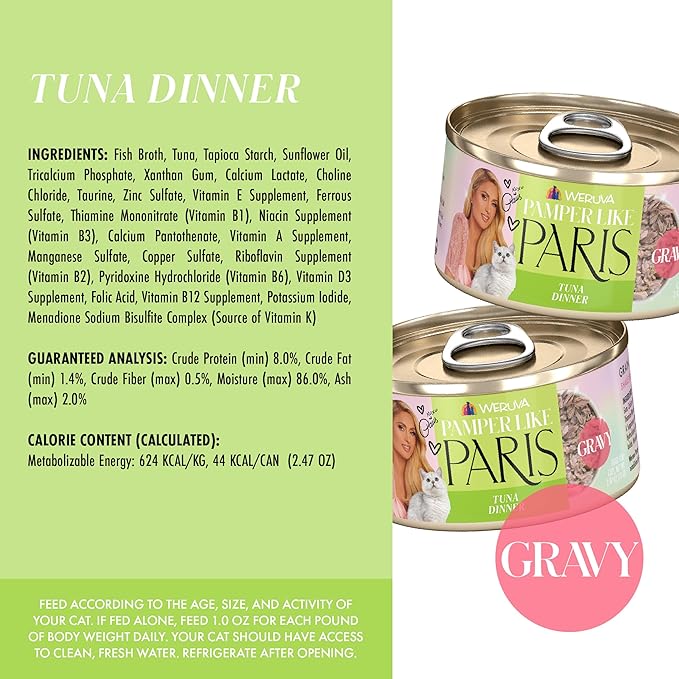 Weruva Paris Hilton Pamper Like Paris Natural Grain Free Wet Cat Food, Tuna in Gravy, 2.47oz Can (Pack of 12)