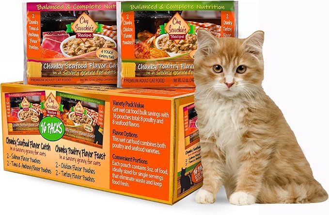 Scoochie Pet Products Chef Scoochie's Gourmet Wet Cat Food Variety Pack with Natural Poultry & Seafood Flavors - Tender Chunks in Gravy Cat, 16 Individual Pouches (3oz Each 8 Pouches of Each Flavor)