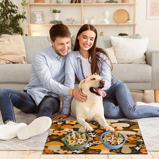 Mushroom Dog Food Mat for Floors Absorbent Dog Bowl Mat for Food and Water Dispenser Quick Dry Cat Food Placemat Pet Supplies 16" x 24", Wildflower