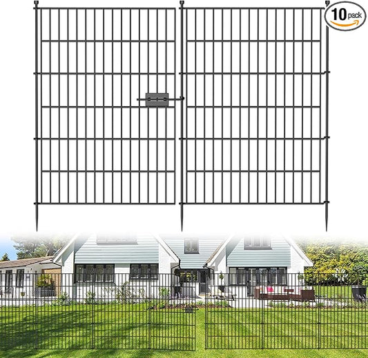 10 Panels No Dig Decorative Outdoor Garden Fence with Gate for Yard, 40 in(H) X 23.6 ft(L) Animal Barrier Fencing Rustproof Metal Wire Panel Border for Dog, Rabbits, and Patio Temporary Ground Stakes