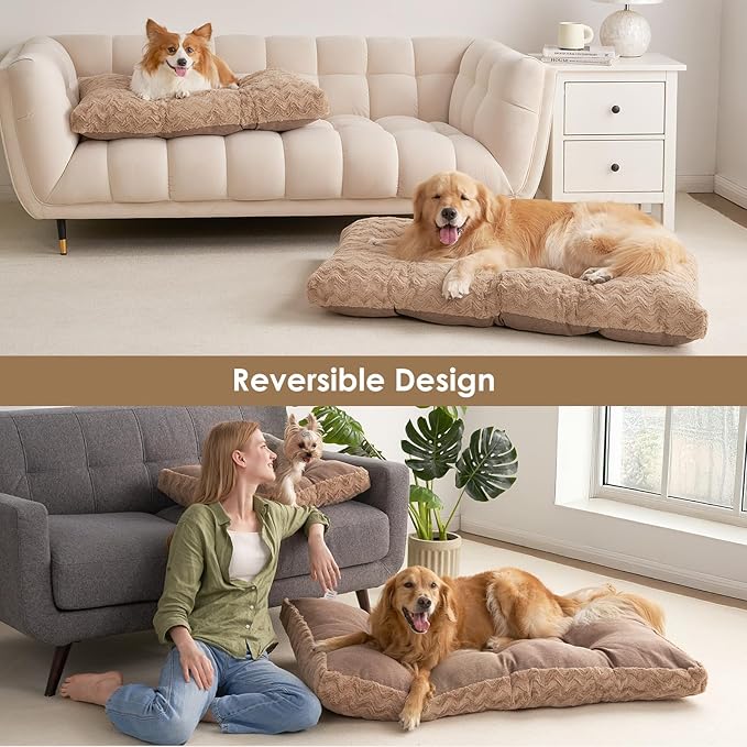 EHEYCIGA Washable Medium Dog Bed for Crate 29x21 Inch, Reversible Kennel Pad for Dogs Weight Up to 35 lbs, Plush and Comfy Pet Sleeping Mat, Camel
