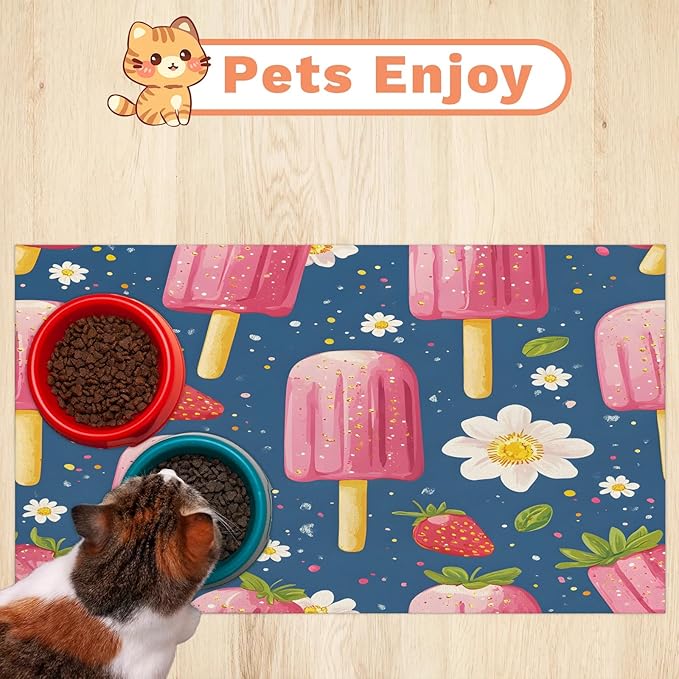 Pink Popsicle Dog Food Mat for Floors Absorbent Dog Bowl Mat for Food and Water Dispenser Quick Dry Cat Food Placemat Pet Supplies 16" x 24", Strawberry Flower