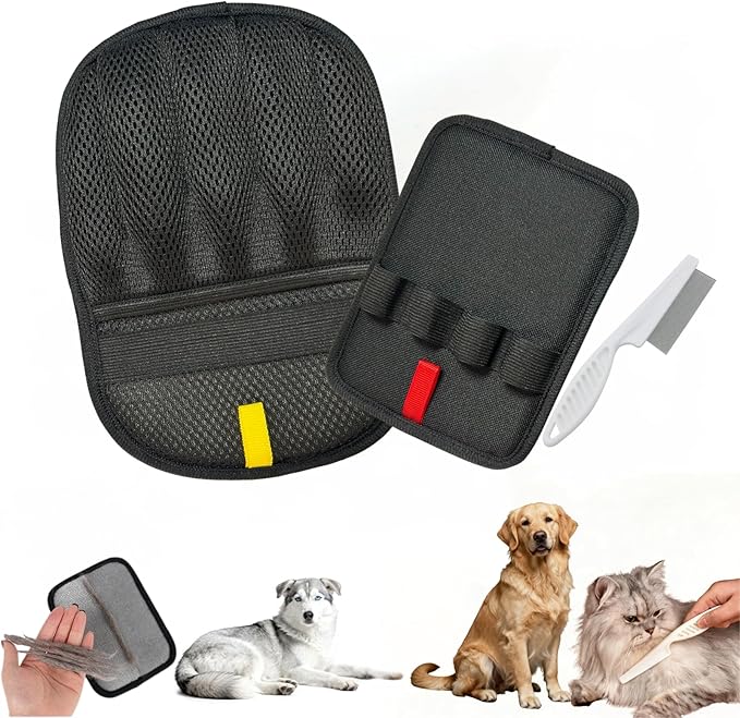 3PCS Pet Hair Removal Gloves for Dogs & Cats, Five-Finger Reusable Electrostatic Magic Brush Clean Pet Hair 2 Pcs Gloves & 1 Comb, Pet Hair Remover Tool for Clothing, Couch, Carpet, Car Seat, Black