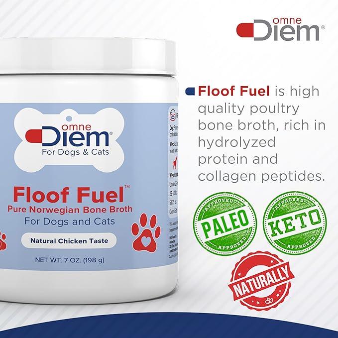 OmneDiem Floof Fuel for Cats & Dogs - Pure Norwegian Poultry Bone Broth - Pet Food Topper - Tasty Chicken Flavor, Rich in Protein - Supports The Health of The Joints, Gut, Skin & Coat - 7oz (198g)