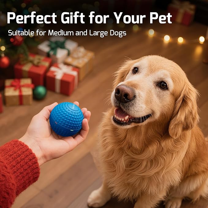 Smart Interactive Dog Balls, Durable Food-Grade Rubber Material, Automatic Moving, Bouncing, Rotating Toy with Light for Medium, Large Dogs, IPX7 Waterproof (Blue)