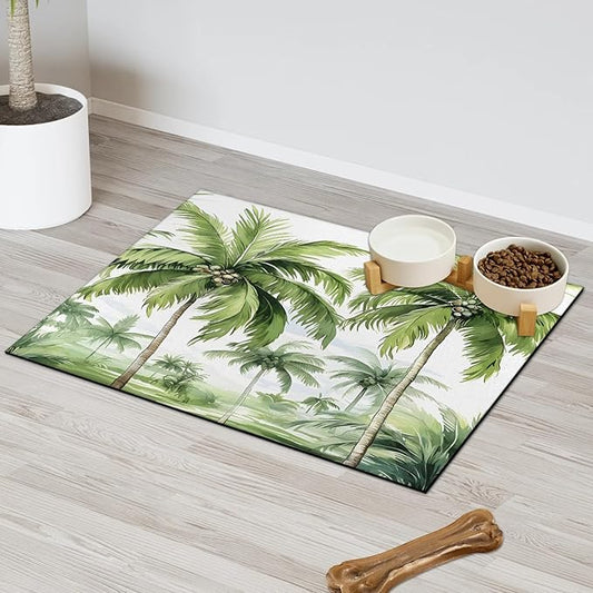 Palm Tree Dog Food Mat for Floors Absorbent, Quick Dry Water Dispenser Mat for Food, Water, Pet Supplies 17" x 30", Tropical Trees