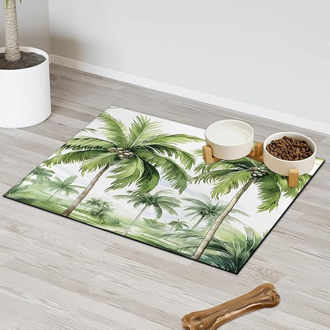 Palm Tree Dog Food Mat for Floors Absorbent, Quick Dry Water Dispenser Mat for Food, Water, Pet Supplies 12" x 20", Tropical Trees